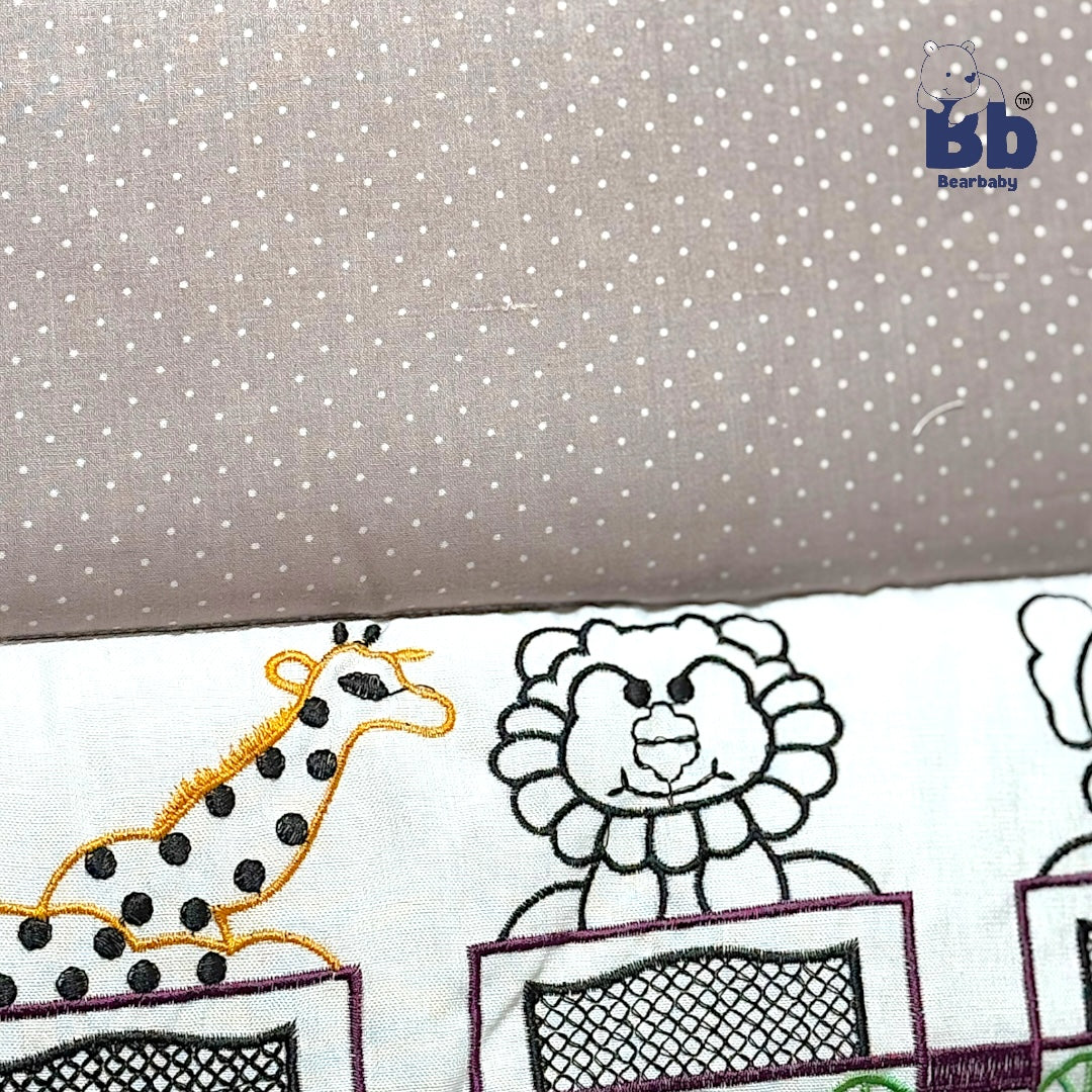 BearBaby Premium Embroidery Cotton Bedding Set | Baby Mattress with Bolster Set & Free Pillow | Soft & Washable Newborn Bedding (0–12 Months) BEIGE