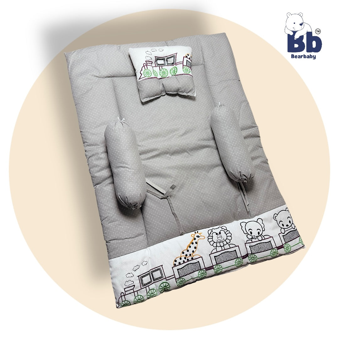 BearBaby Premium Embroidery Cotton Bedding Set | Baby Mattress with Bolster Set & Free Pillow | Soft & Washable Newborn Bedding (0–12 Months) GREY