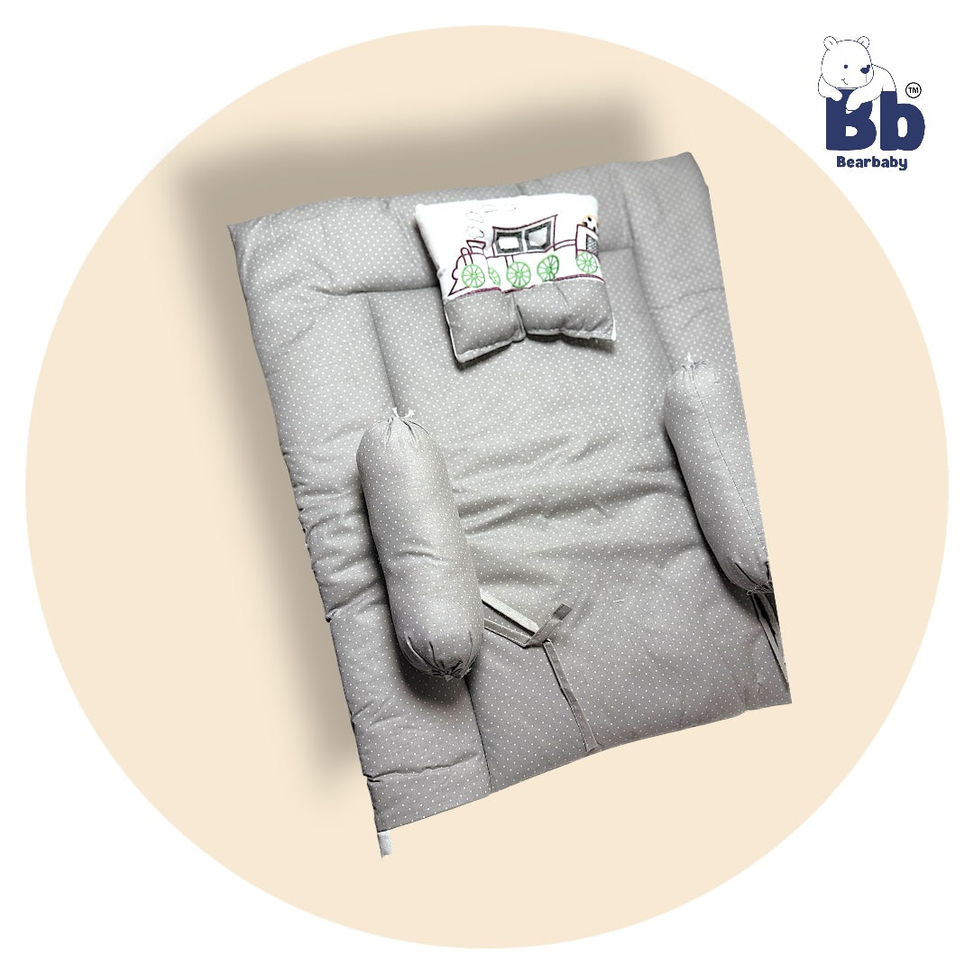 BearBaby Premium Embroidery Cotton Bedding Set | Baby Mattress with Bolster Set & Free Pillow | Soft & Washable Newborn Bedding (0–12 Months) GREY
