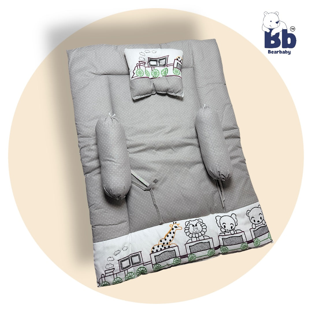 BearBaby Premium Embroidery Cotton Bedding Set | Baby Mattress with Bolster Set & Free Pillow | Soft & Washable Newborn Bedding (0–12 Months) GREY