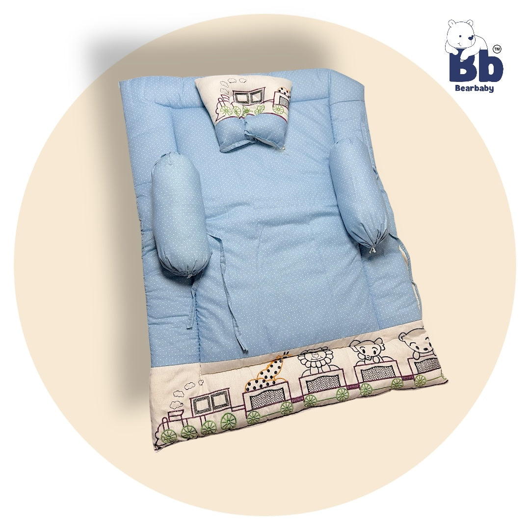 BearBaby Premium Embroidery Cotton Bedding Set | Baby Mattress with Bolster Set & Free Pillow | Soft & Washable Newborn Bedding (0–12 Months) BLUE