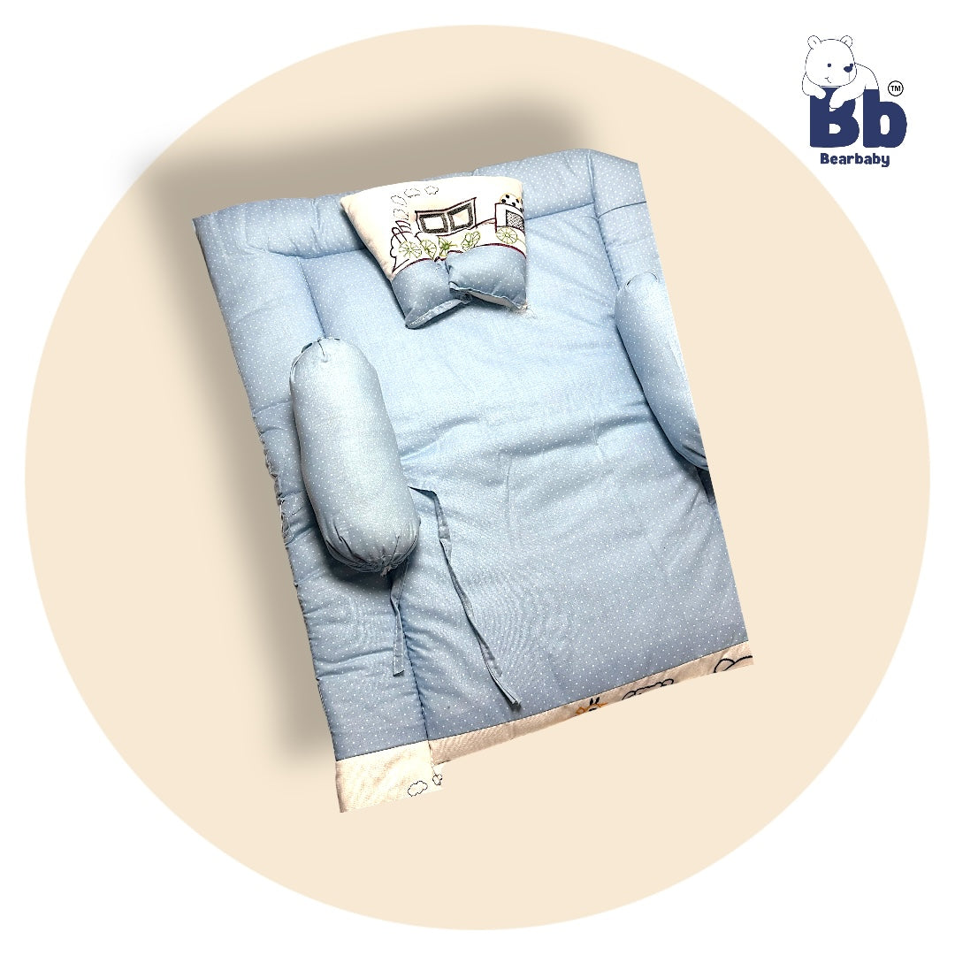 BearBaby Premium Embroidery Cotton Bedding Set | Baby Mattress with Bolster Set & Free Pillow | Soft & Washable Newborn Bedding (0–12 Months) BLUE