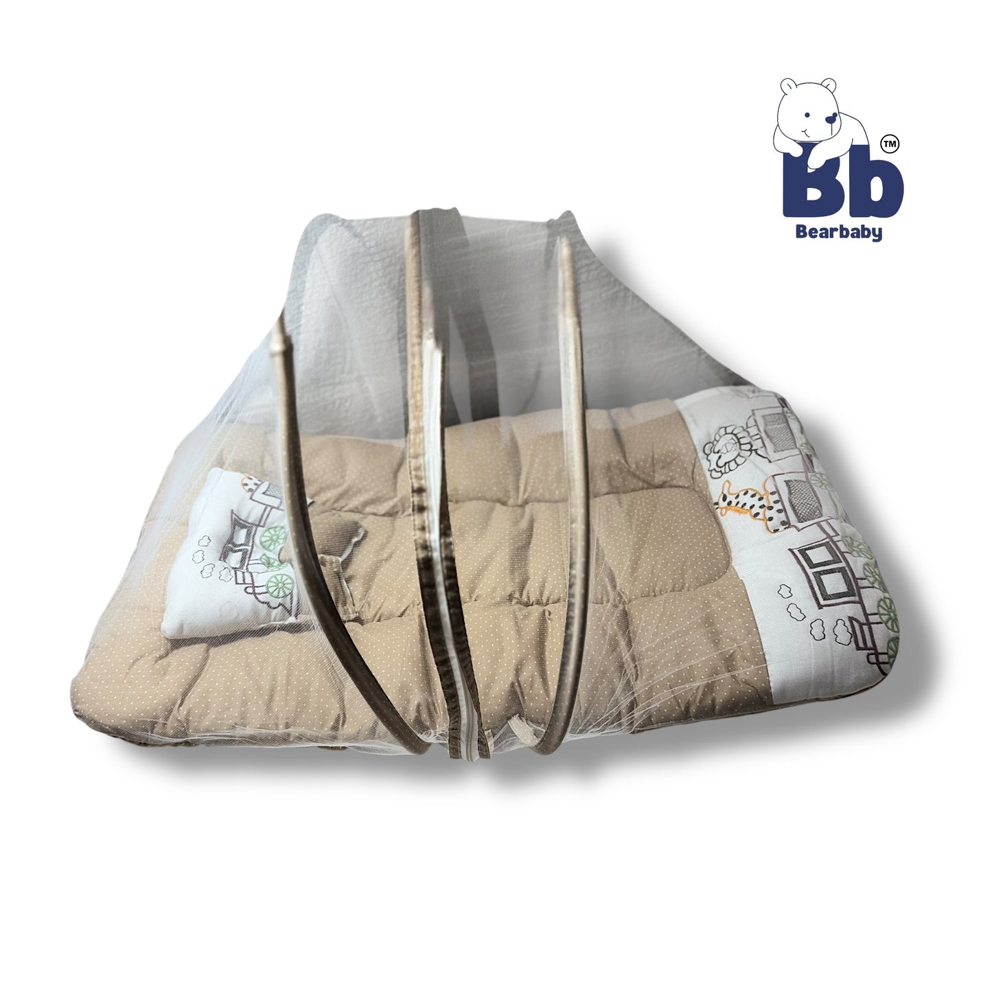 Premium EmbroideryBaby Bed with Thick Mattress & Mosquito Net & Neck Pillowwith Zip Closure