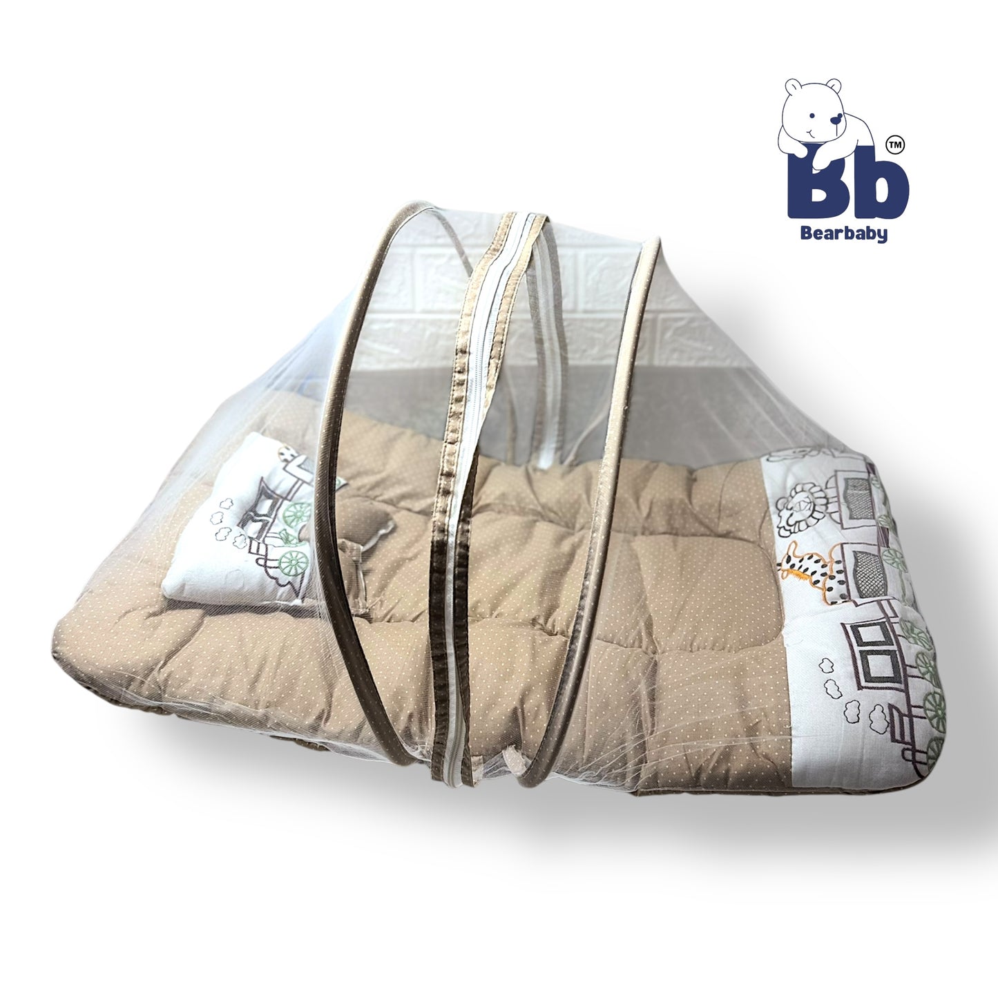 Premium EmbroideryBaby Bed with Thick Mattress & Mosquito Net & Neck Pillowwith Zip Closure