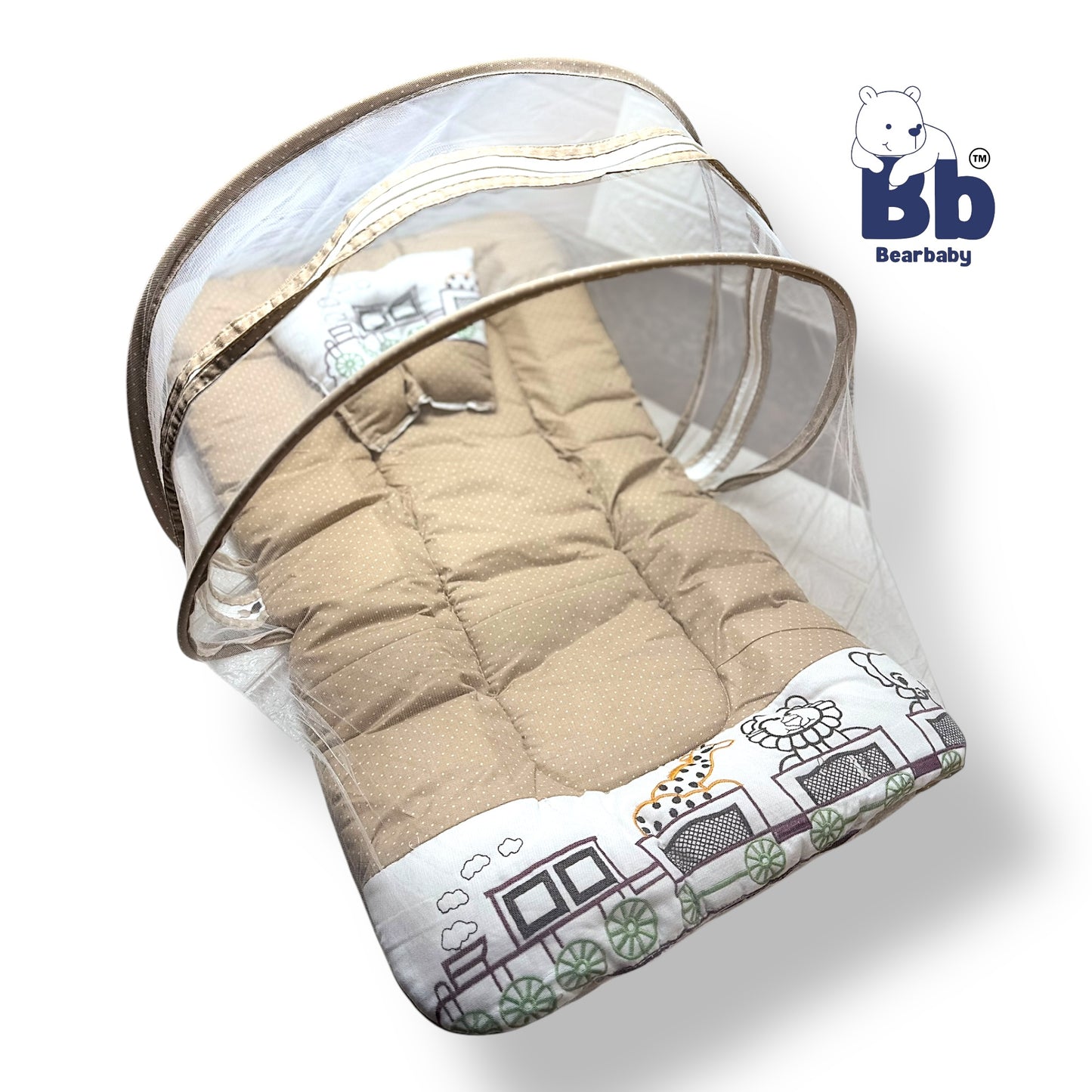 Premium EmbroideryBaby Bed with Thick Mattress & Mosquito Net & Neck Pillowwith Zip Closure