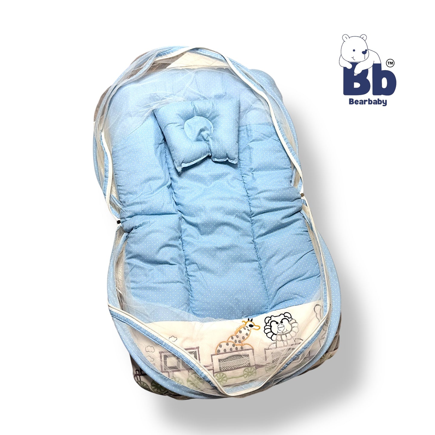 BearBaby Premium Baby Cotton Mattress Sleeping Bag with Mosquito Net & Free Pillow | Soft, Foldable Newborn Bedding Set (0–12 Months) BLUE