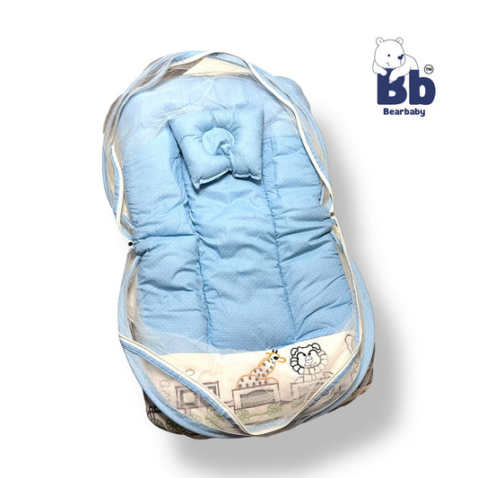 BearBaby Premium Baby Cotton Mattress Sleeping Bag with Mosquito Net & Free Pillow | Soft, Foldable Newborn Bedding Set (0–12 Months) BLUE