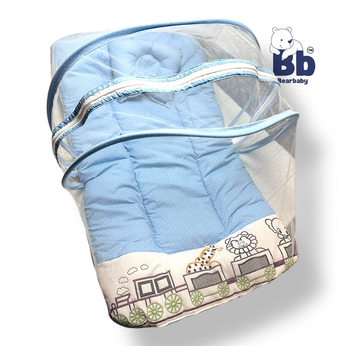Premium EmbroideryBaby Bed with Thick Mattress & Mosquito Net & Neck Pillowwith Zip Closure
