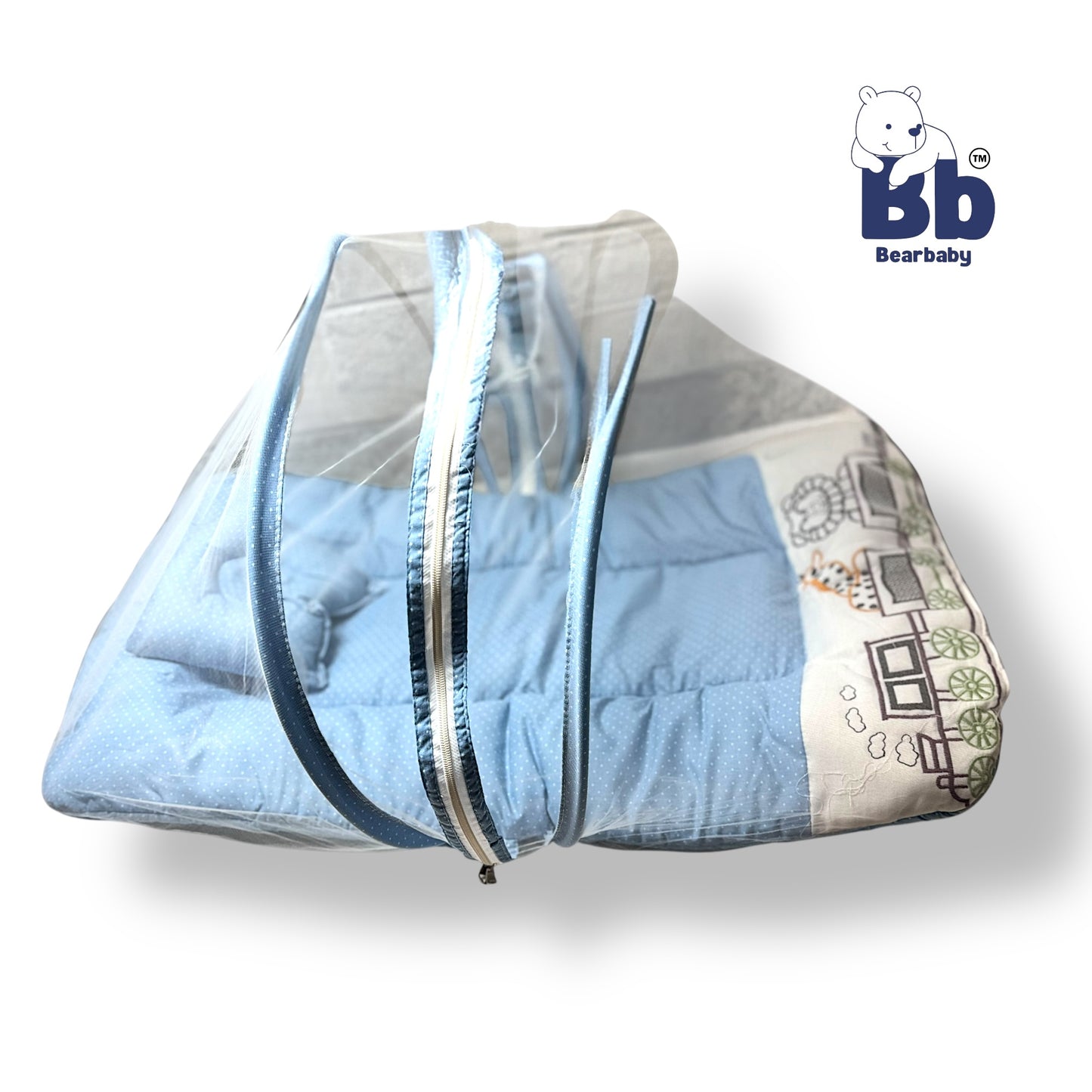 Premium EmbroideryBaby Bed with Thick Mattress & Mosquito Net & Neck Pillowwith Zip Closure