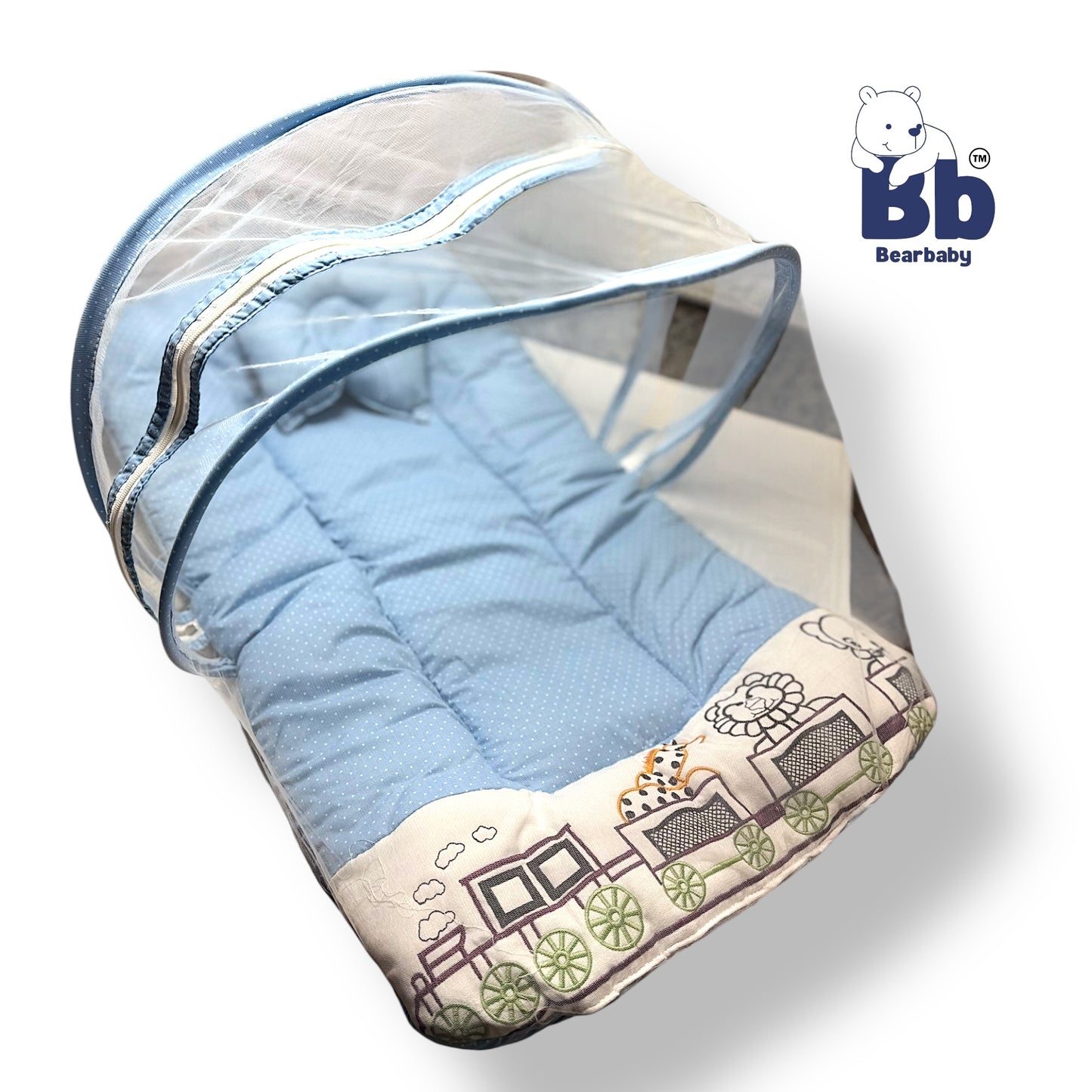 Premium EmbroideryBaby Bed with Thick Mattress & Mosquito Net & Neck Pillowwith Zip Closure