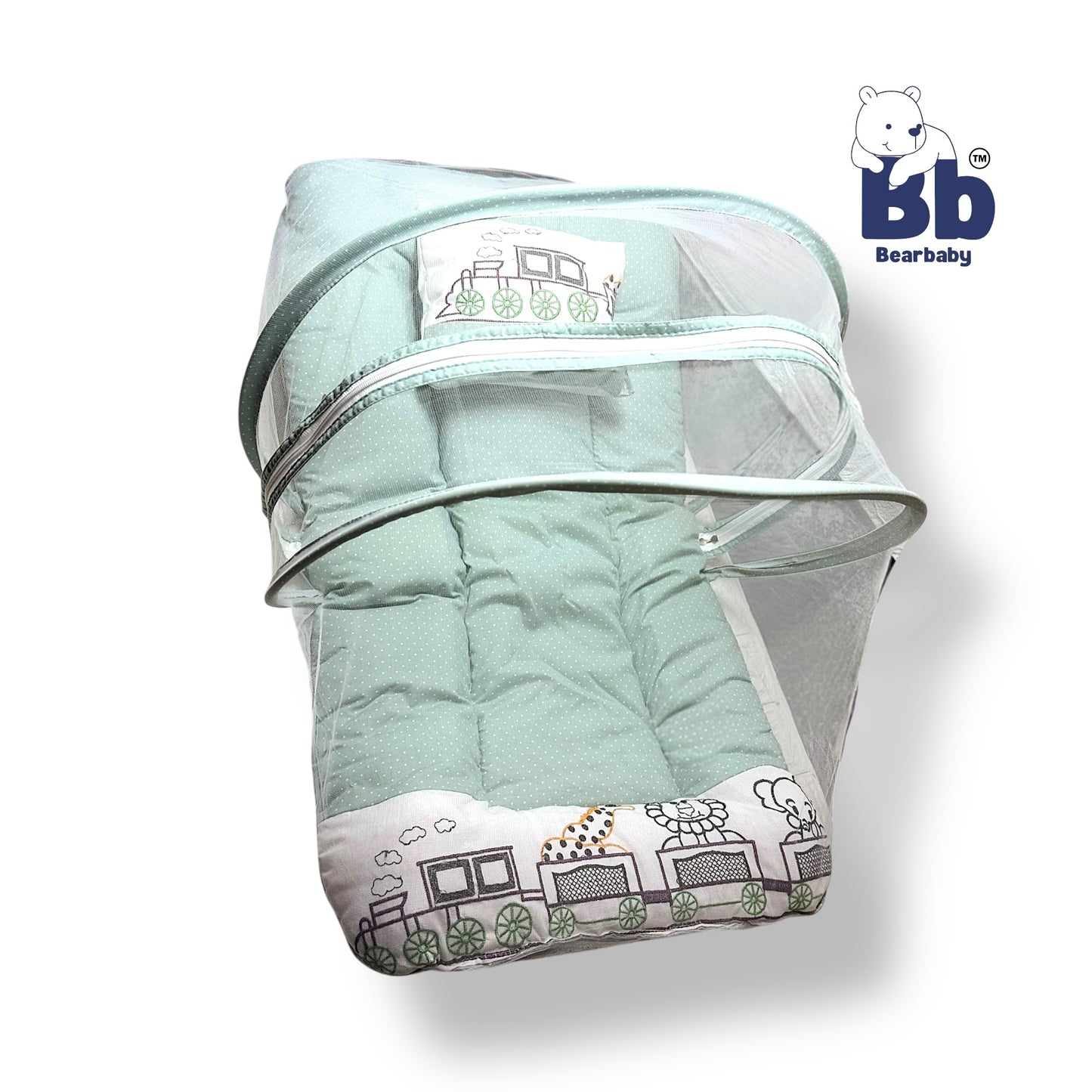 BearBaby Premium Baby Cotton Mattress Sleeping Bag with Mosquito Net & Free Pillow | Soft, Foldable Newborn Bedding Set (0–12 Months) BLUE