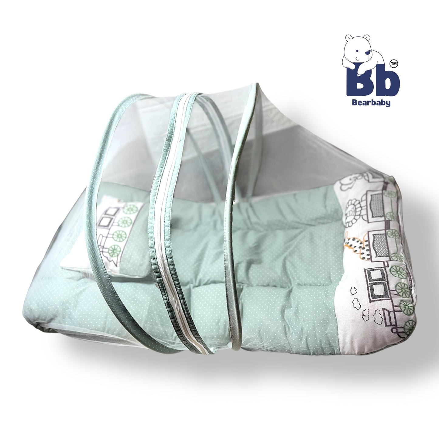 Premium EmbroideryBaby Bed with Thick Mattress & Mosquito Net & Neck Pillowwith Zip Closure