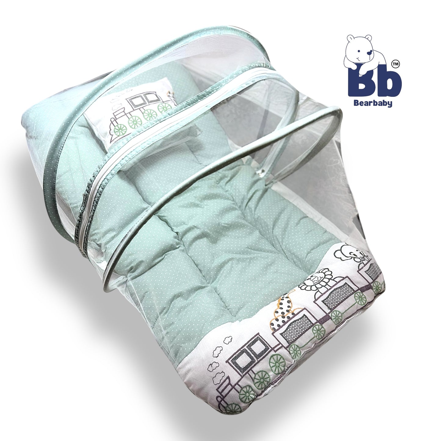 Premium EmbroideryBaby Bed with Thick Mattress & Mosquito Net & Neck Pillowwith Zip Closure