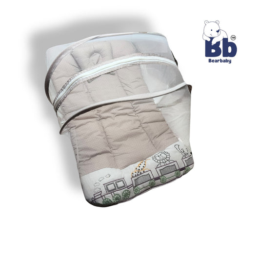 BearBaby Premium Baby Cotton Mattress Sleeping Bag with Mosquito Net & Free Pillow | Soft, Foldable Newborn Bedding Set (0–12 Months) BEIGE