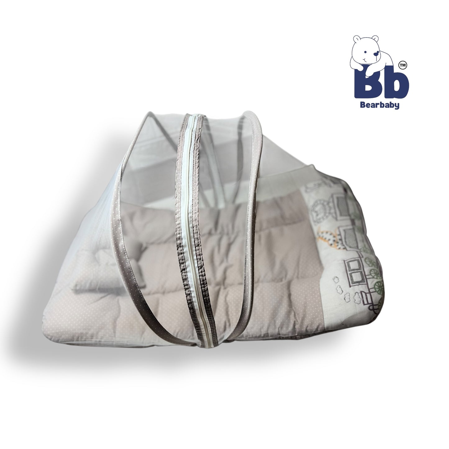 Premium EmbroideryBaby Bed with Thick Mattress & Mosquito Net & Neck Pillowwith Zip Closure