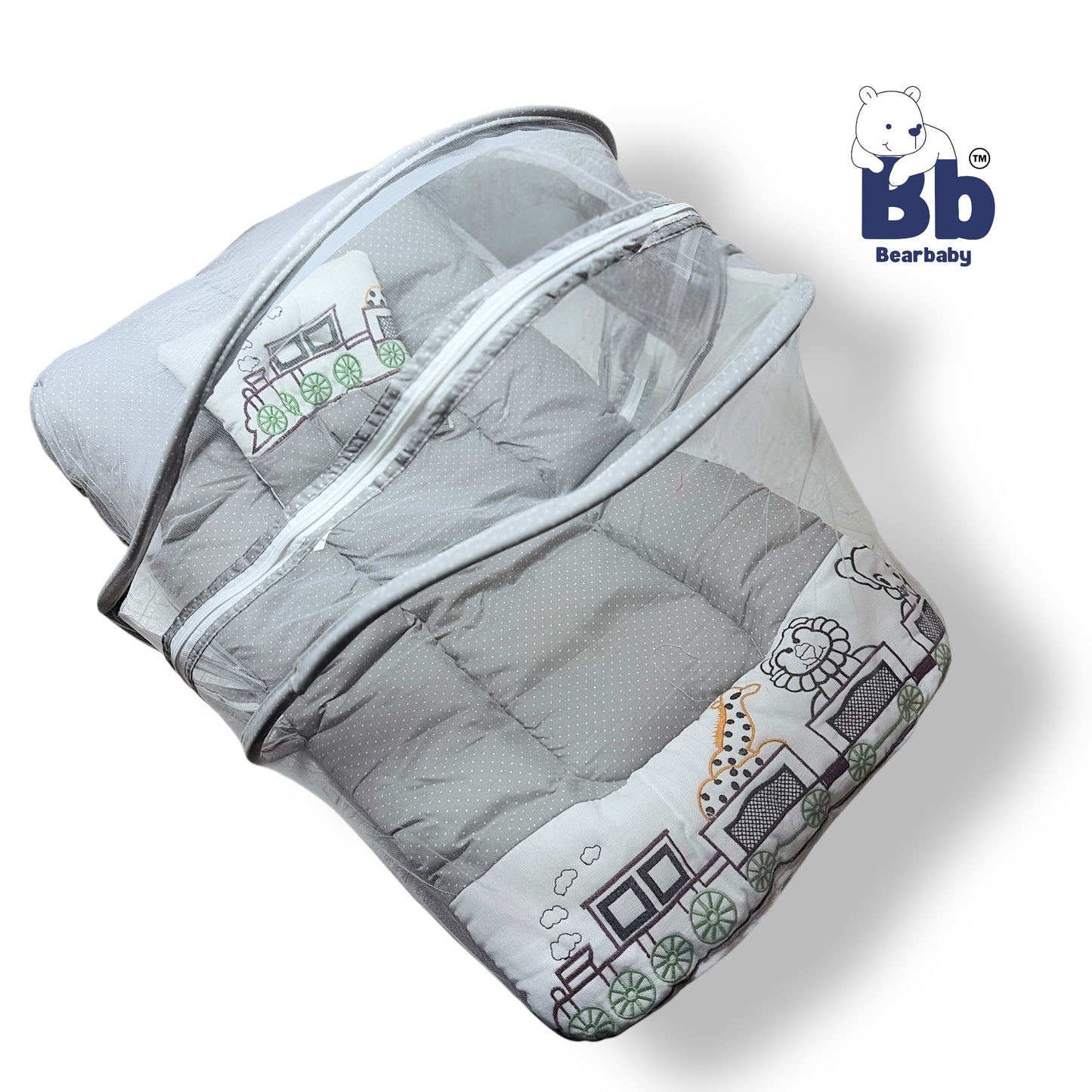 Premium EmbroideryBaby Bed with Thick Mattress & Mosquito Net & Neck Pillowwith Zip Closure