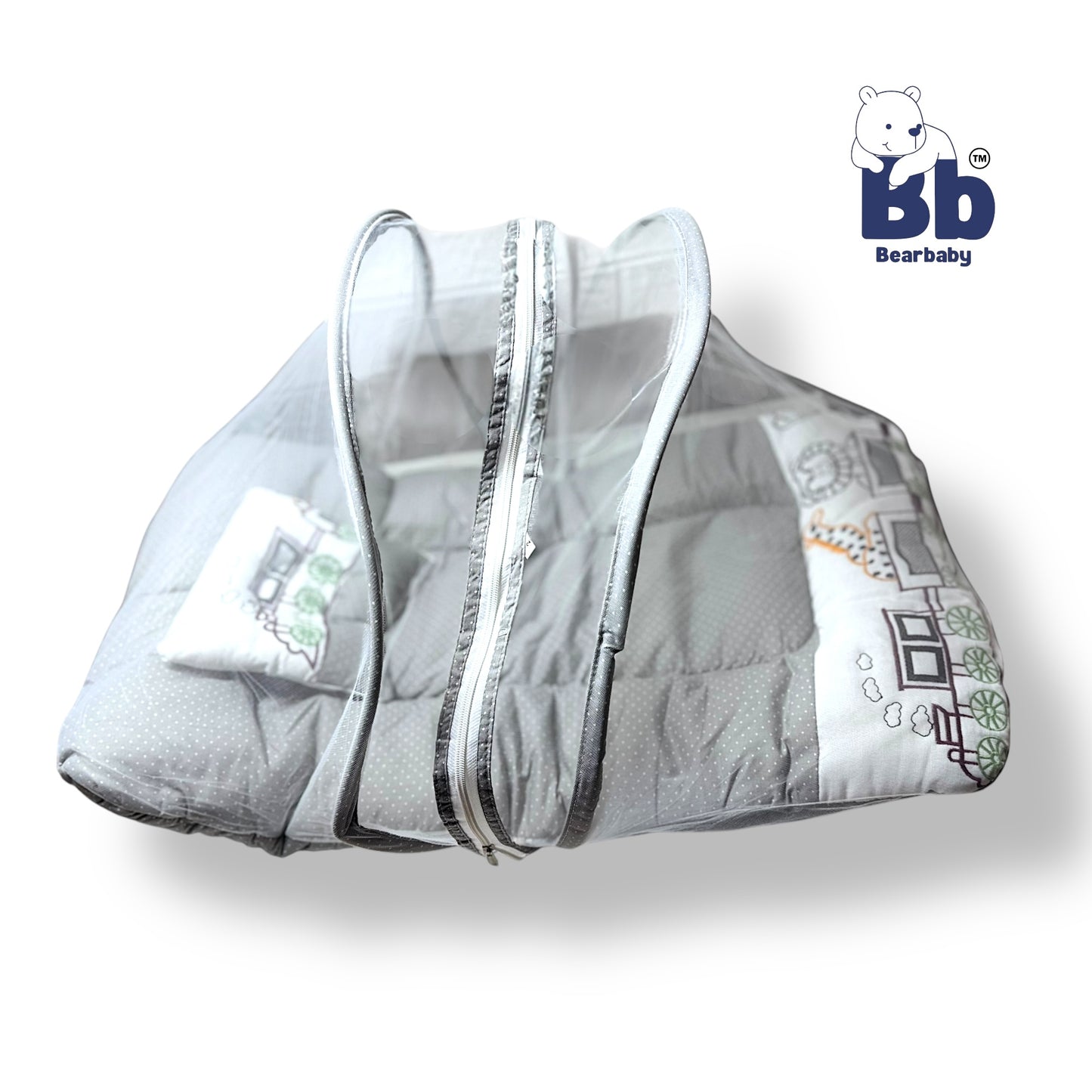 Premium EmbroideryBaby Bed with Thick Mattress & Mosquito Net & Neck Pillowwith Zip Closure