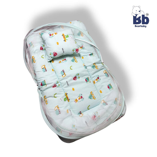 BearBaby Premium Baby Cotton Mattress Sleeping Bag with Mosquito Net & Free Pillow | Soft, Foldable Newborn Bedding Set (0–12 Months) LIGHT NEVY