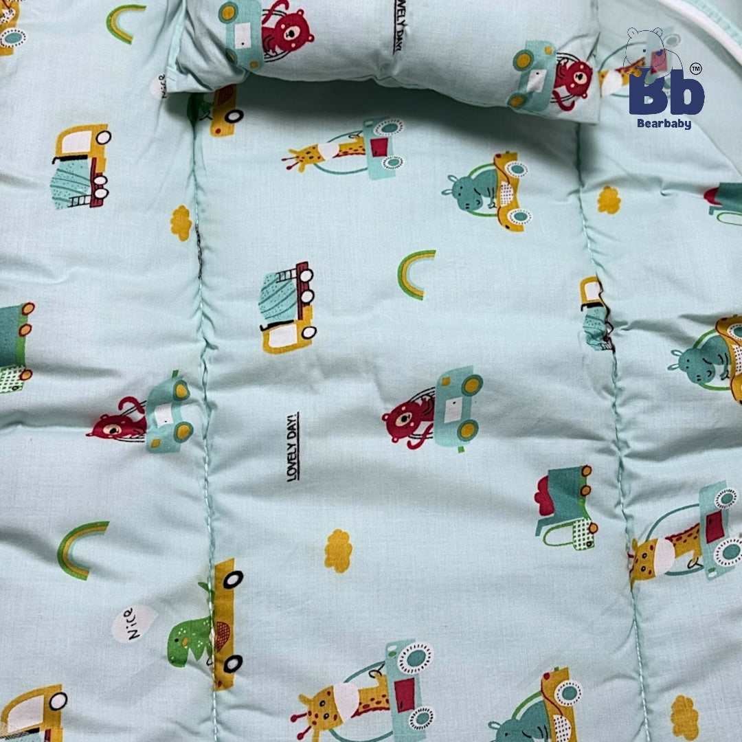 Baby Bed with Thick Mattress & Mosquito Net & Neck Pillowwith Zip Closure-Animal Print
