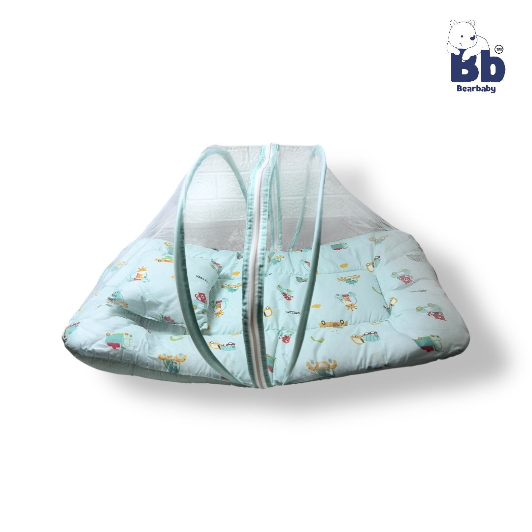 Baby Bed with Thick Mattress & Mosquito Net & Neck Pillowwith Zip Closure-Animal Print