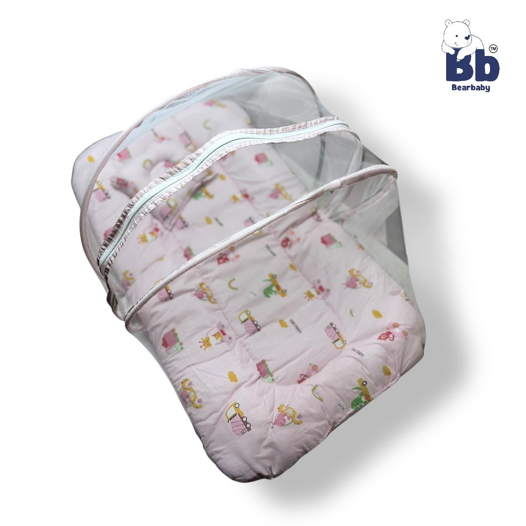 BearBaby Premium Baby Cotton Mattress Sleeping Bag with Mosquito Net & Free Pillow | Soft, Foldable Newborn Bedding Set (0–12 Months) PINK