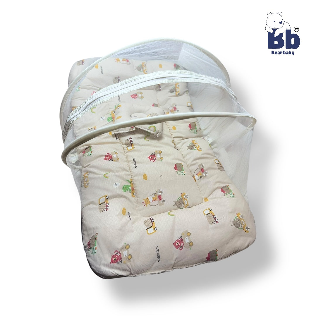 Baby Bed with Thick Mattress & Mosquito Net & Neck Pillowwith Zip Closure-Animal Print