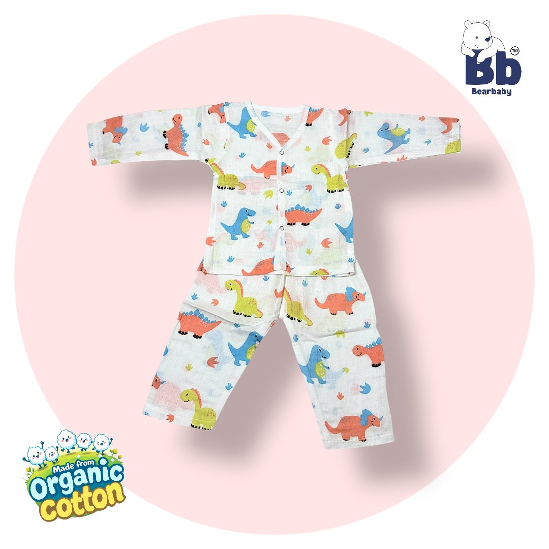 Baby Unisex Organic Cotton Muslin Full Sleeves Jhabla & Payjama Set - Size 9m-12m-Rino Print