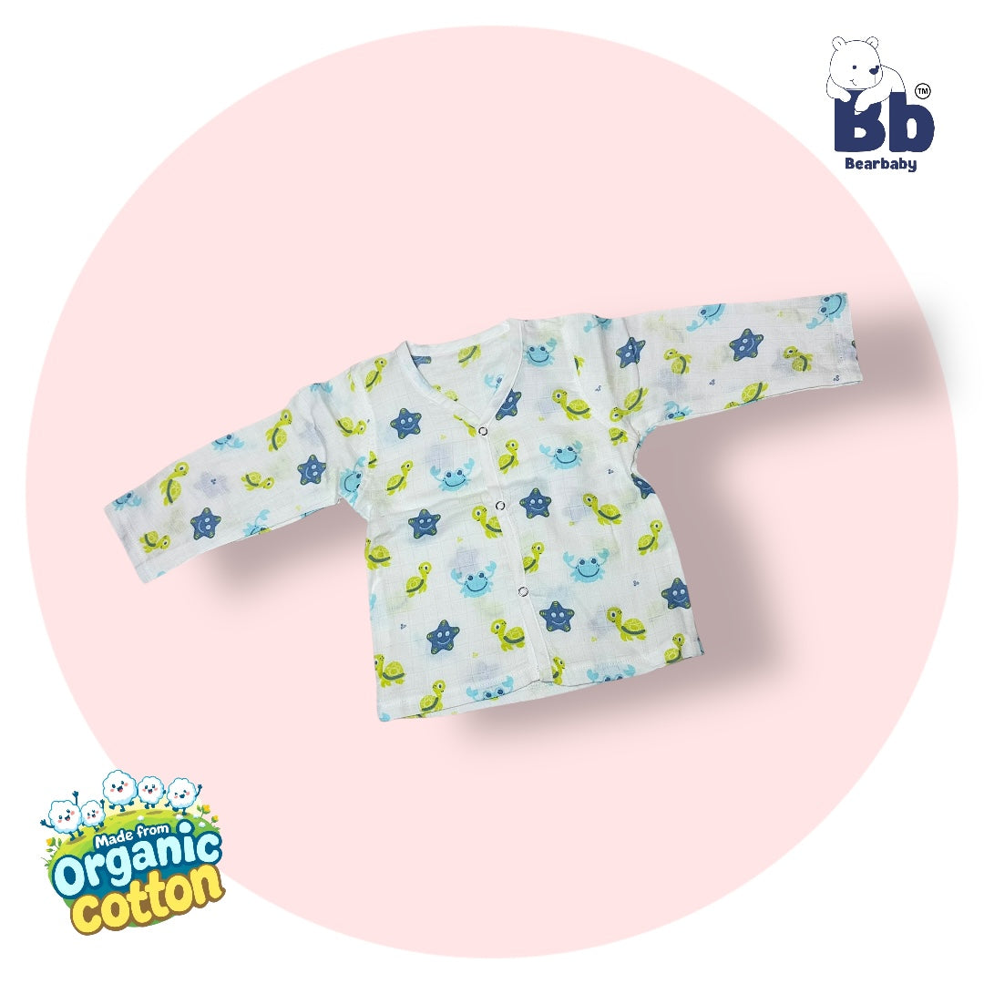 Baby Unisex Organic Cotton Muslin Full Sleeves Jhabla & Payjama Set - Size 9m-12m-Trutle Print