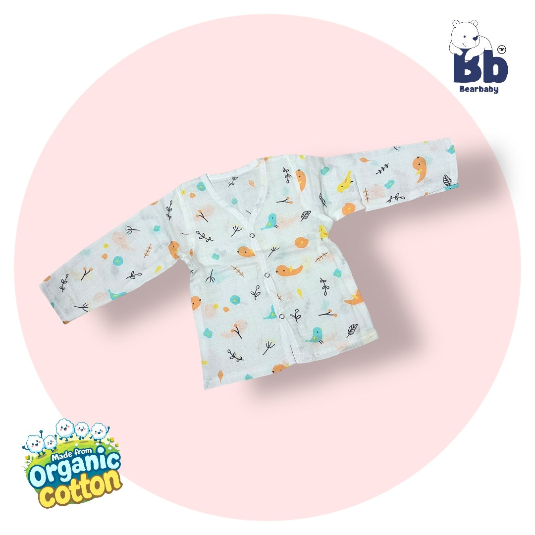 Baby Unisex Organic Cotton Muslin Full Sleeves Jhabla & Payjama Set - Size 9m-12m-Bird Print