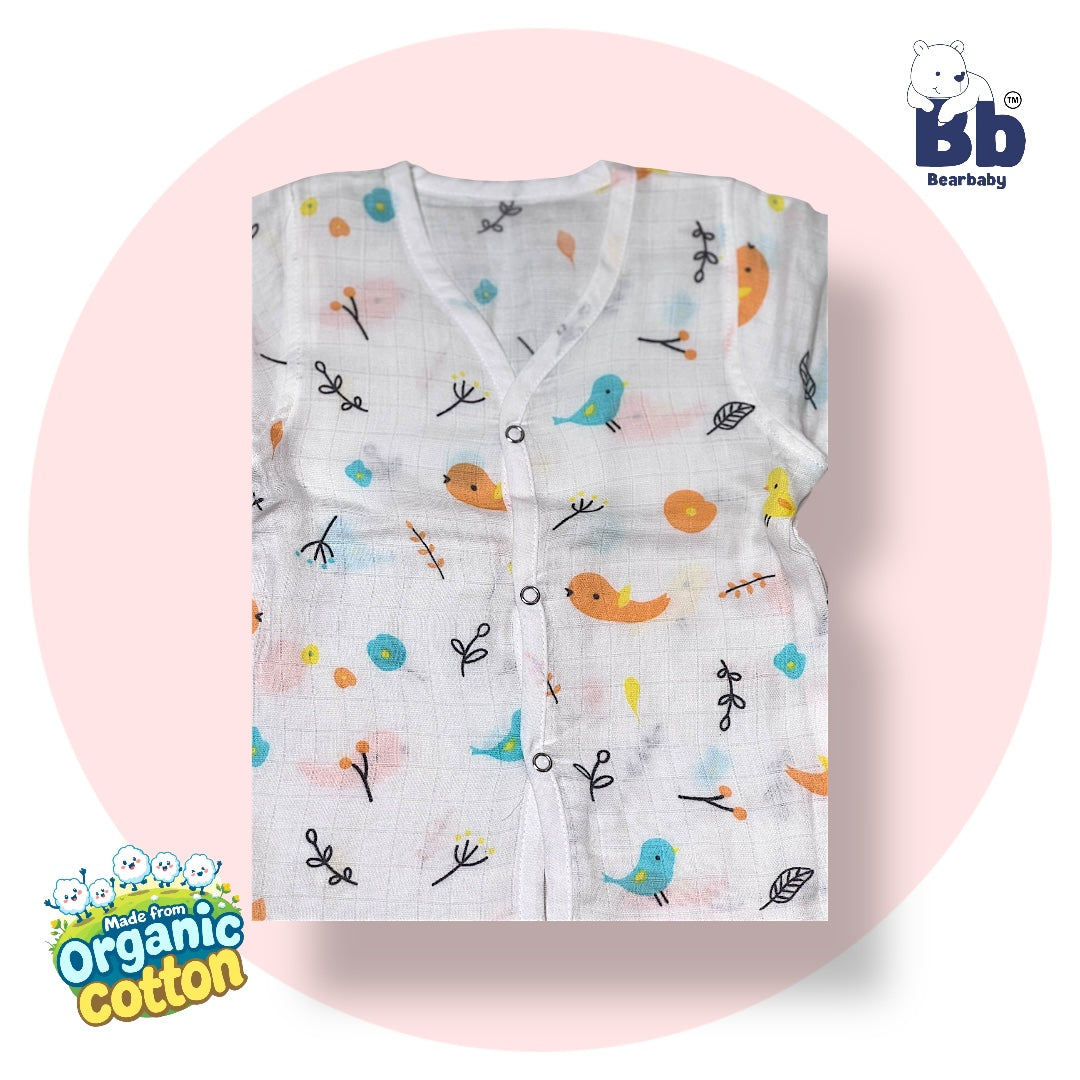 Baby Unisex Organic Cotton Muslin Full Sleeves Jhabla & Payjama Set - Size 9m-12m-Bird Print