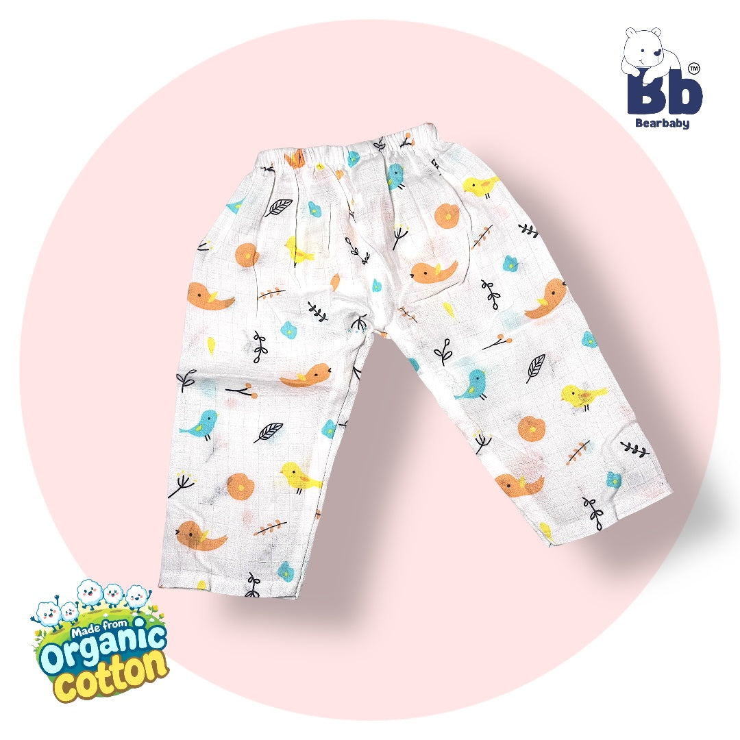 Baby Unisex Organic Cotton Muslin Full Sleeves Jhabla & Payjama Set - Size 9m-12m-Bird Print