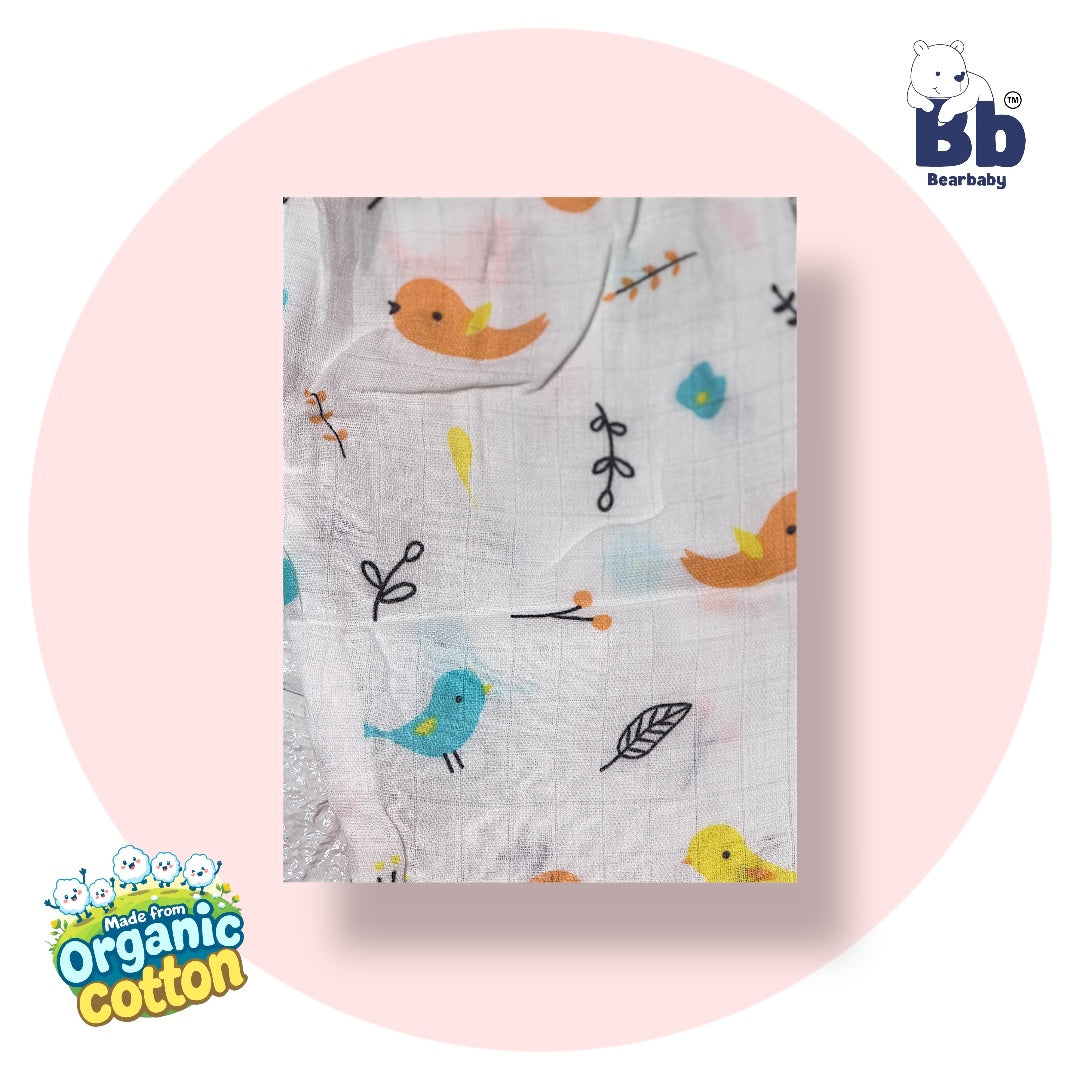 Baby Unisex Organic Cotton Muslin Full Sleeves Jhabla & Payjama Set - Size 9m-12m-Bird Print