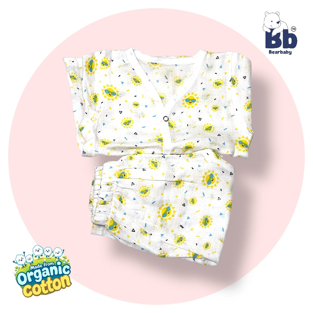 Baby Unisex Organic Cotton Muslin Full Sleeves Jhabla & Payjama Set - Size 6m-9m-Sun Print