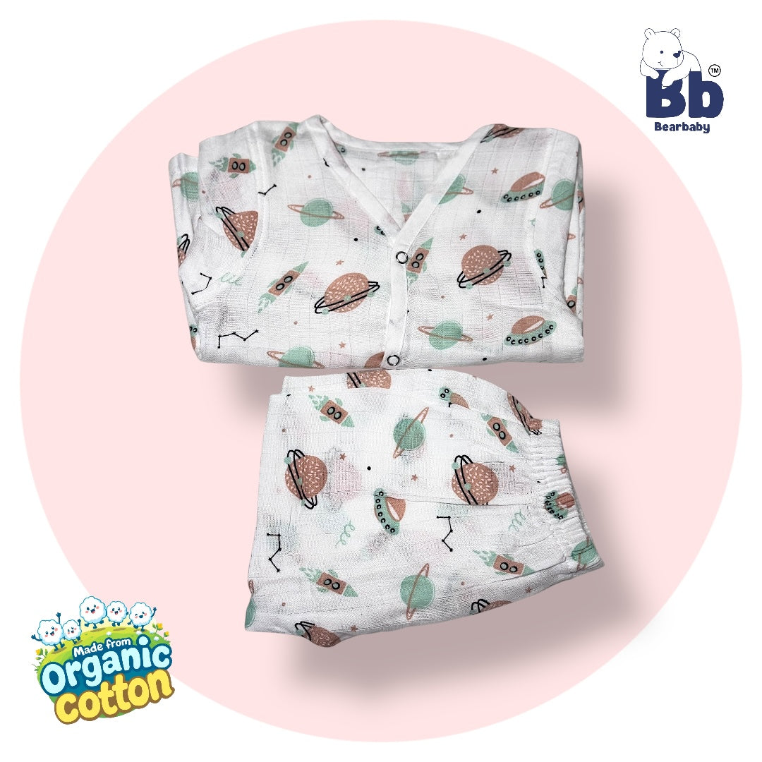 Baby Unisex Organic Cotton Muslin Full Sleeves Jhabla & Payjama Set - Size 6m-9m-Print2