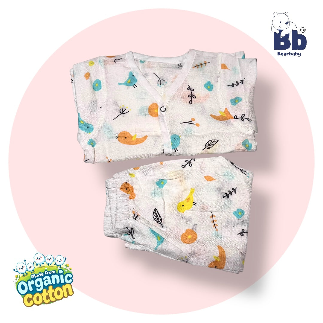 Baby Unisex Organic Cotton Muslin Full Sleeves Jhabla & Payjama Set - Size 6m-9m-Bird Print