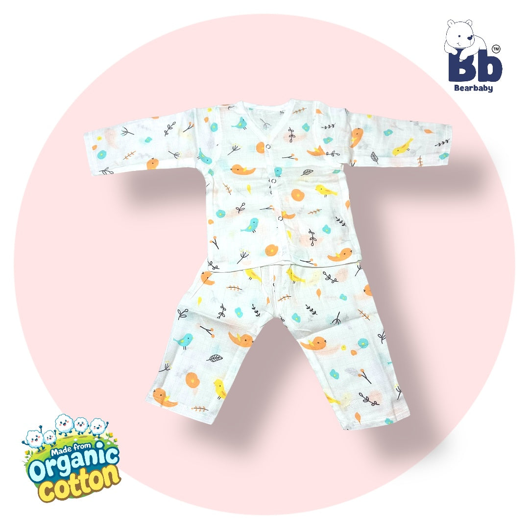 Baby Unisex Organic Cotton Muslin Full Sleeves Jhabla & Payjama Set - Size 6m-9m-Bird Print