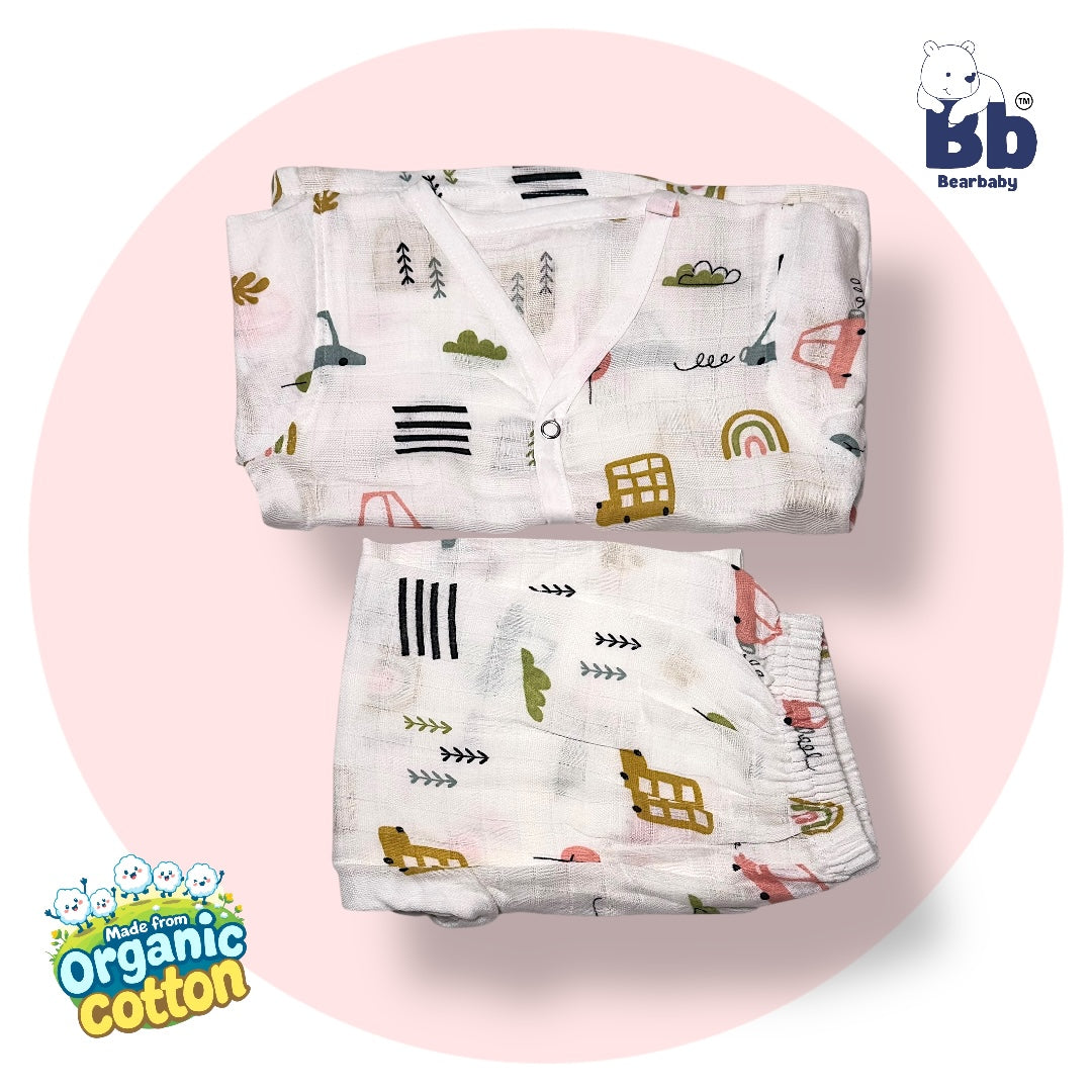 Baby Unisex Organic Cotton Muslin Full Sleeves Jhabla & Payjama Set - Size 6m-9m-Car Print