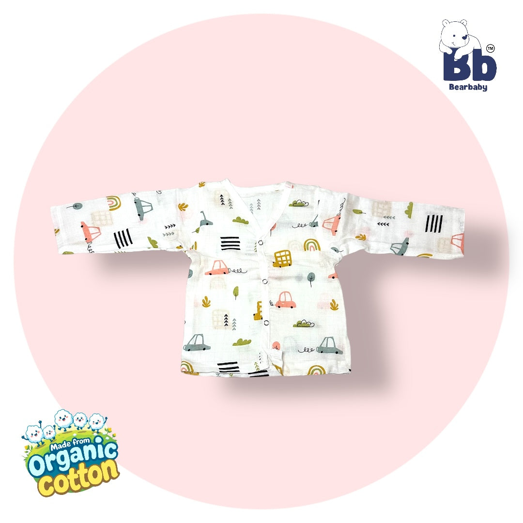 Baby Unisex Organic Cotton Muslin Full Sleeves Jhabla & Payjama Set - Size 6m-9m-Car Print