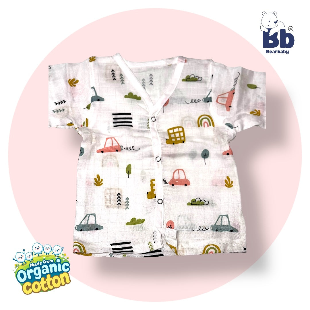 Baby Unisex Organic Cotton Muslin Full Sleeves Jhabla & Payjama Set - Size 6m-9m-Car Print