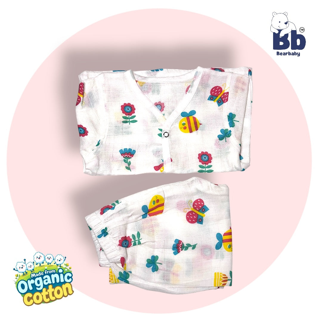 Baby Unisex Organic Cotton Muslin Full Sleeves Jhabla & Payjama Set - Size 6m-9m-Bee Print