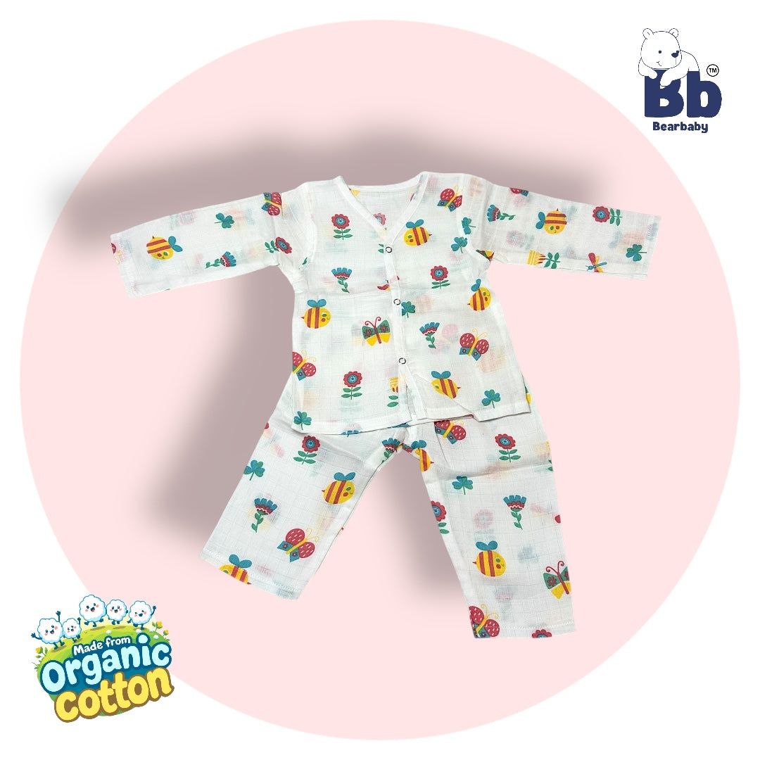 Baby Unisex Organic Cotton Muslin Full Sleeves Jhabla & Payjama Set - Size 6m-9m-Bee Print