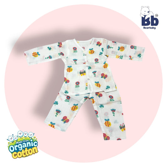 Baby Unisex Organic Cotton Muslin Full Sleeves Jhabla & Payjama Set - Size 6m-9m-Bee Print