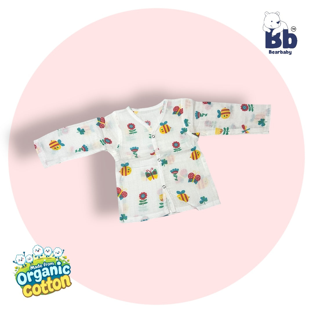 Baby Unisex Organic Cotton Muslin Full Sleeves Jhabla & Payjama Set - Size 6m-9m-Bee Print