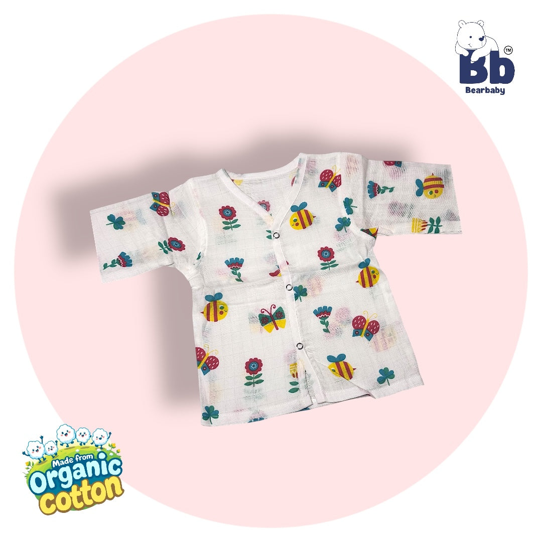Baby Unisex Organic Cotton Muslin Full Sleeves Jhabla & Payjama Set - Size 6m-9m-Bee Print