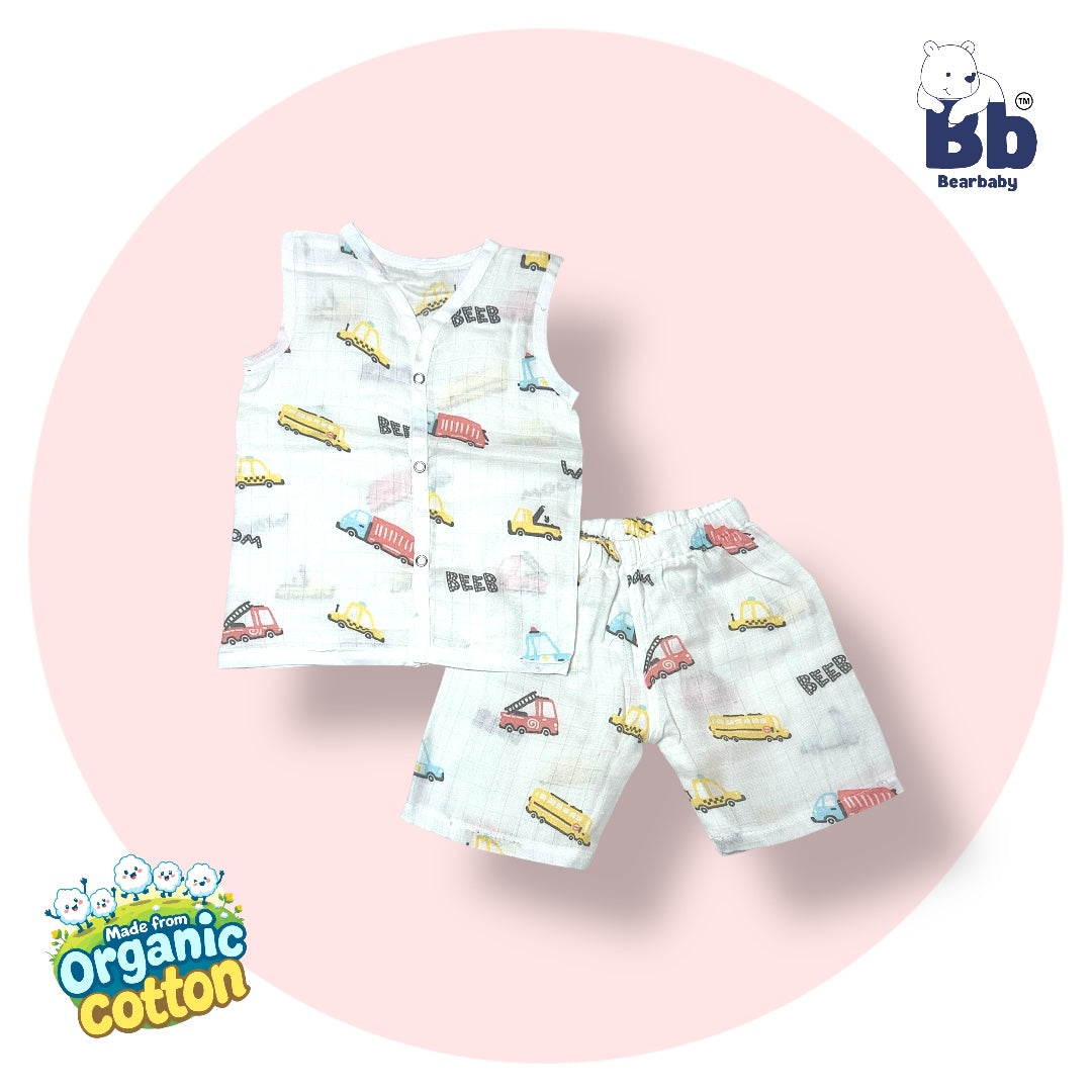 Baby Unisex Organic Cotton Muslin  Sleevless Jhabla & Payjama Set - Size 3m-6m-Truck Print