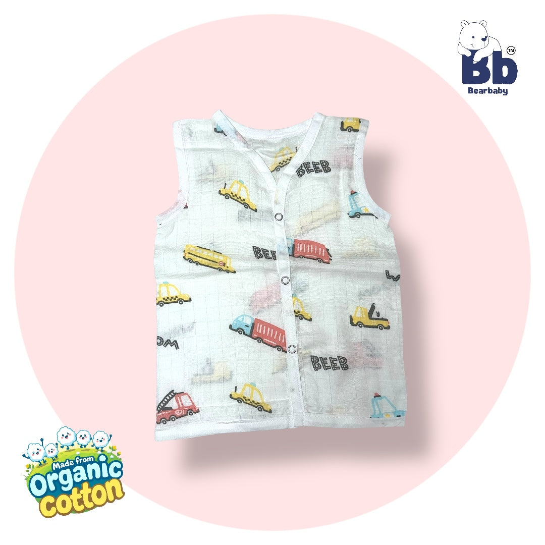 Baby Unisex Organic Cotton Muslin Sleevless Jhabla & Payjama Set - Size 3m-6m-Truck Print