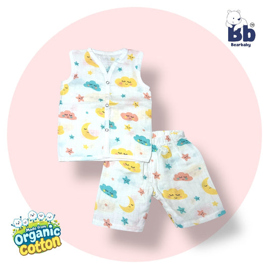 Baby Unisex Organic Cotton Muslin  Sleevless Jhabla & Payjama Set - Size 3m-6m-cloud Print