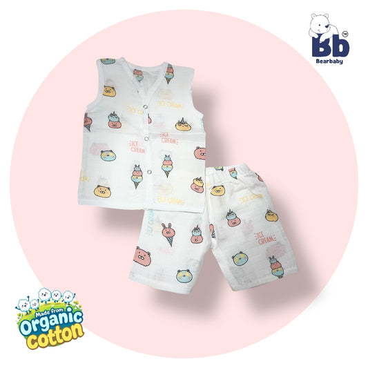Baby Unisex Organic Cotton Muslin  Sleevless Jhabla & Payjama Set - Size 3m-6m-Ice cream Print