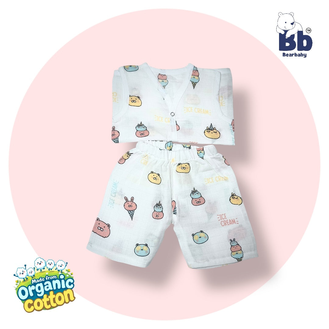 Baby Unisex Organic Cotton Muslin Sleevless Jhabla & Payjama Set - Size 3m-6m-Ice cream Print