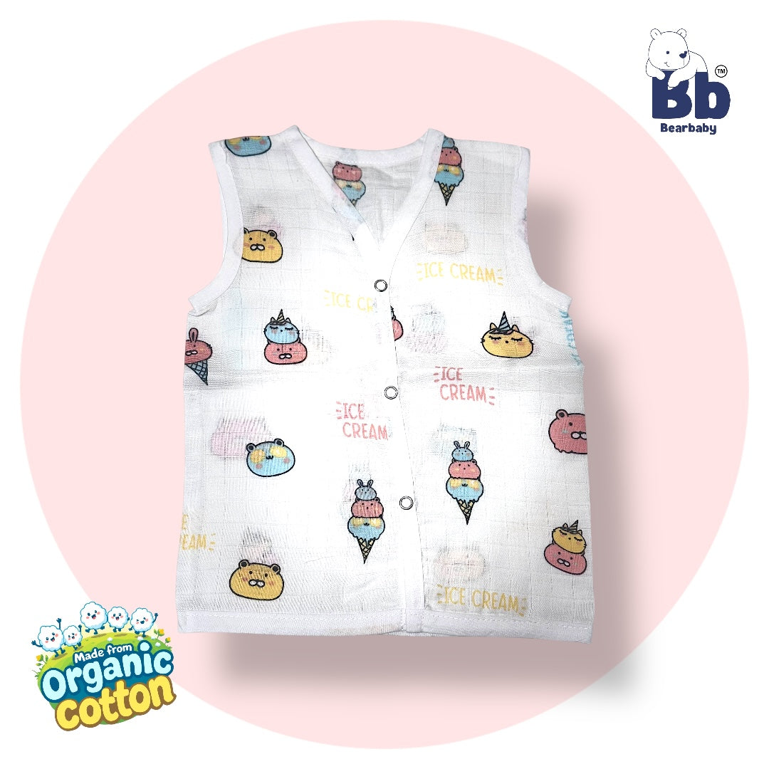Baby Unisex Organic Cotton Muslin Sleevless Jhabla & Payjama Set - Size 3m-6m-Ice cream Print